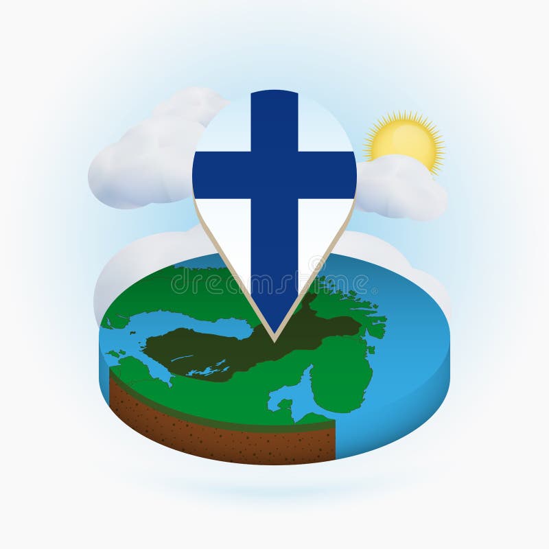 Isometric round map of Finland and point marker with flag of Finland. Cloud and sun on background vector illustration
