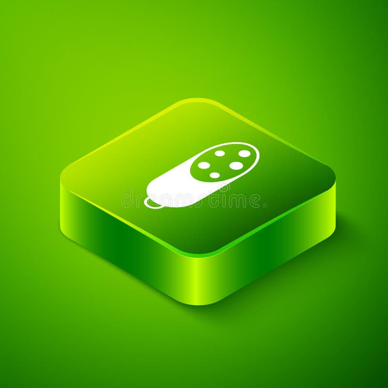 Isometric Salami sausage icon isolated on green background. Meat delicatessen product. Green square button. Vector.