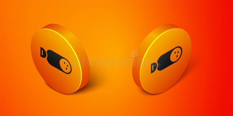 Isometric Salami sausage icon isolated on orange background. Meat delicatessen product. Orange circle button. Vector.