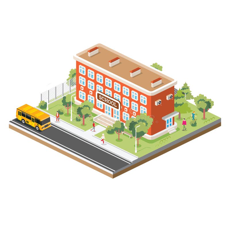 Isometric school building with yellow bus isolated on white background