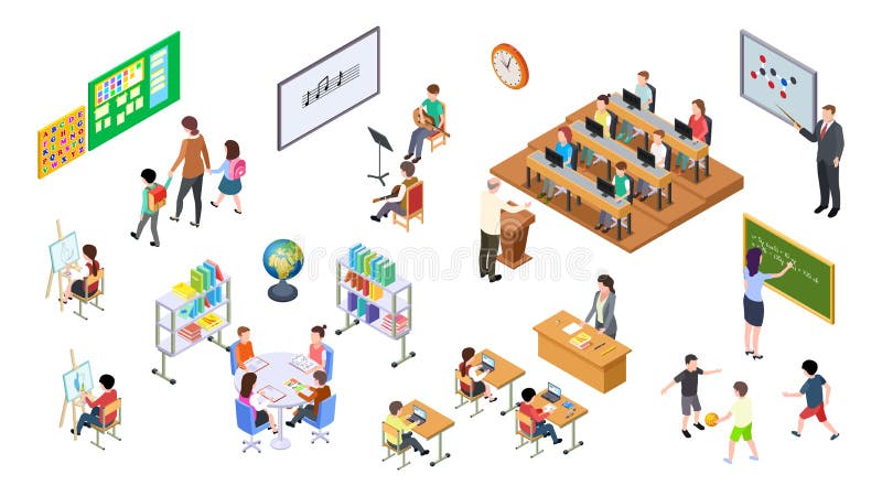 Isometric school. 3d college, teachers board and students. University elements, lecture rooms and furniture, tables and