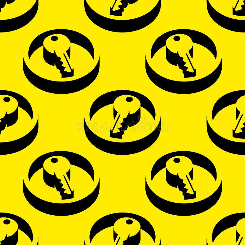 Isometric seamless vector pattern featuring a key symbol inside circles, designed with bold shadows and vibrant yellow background vector illustration