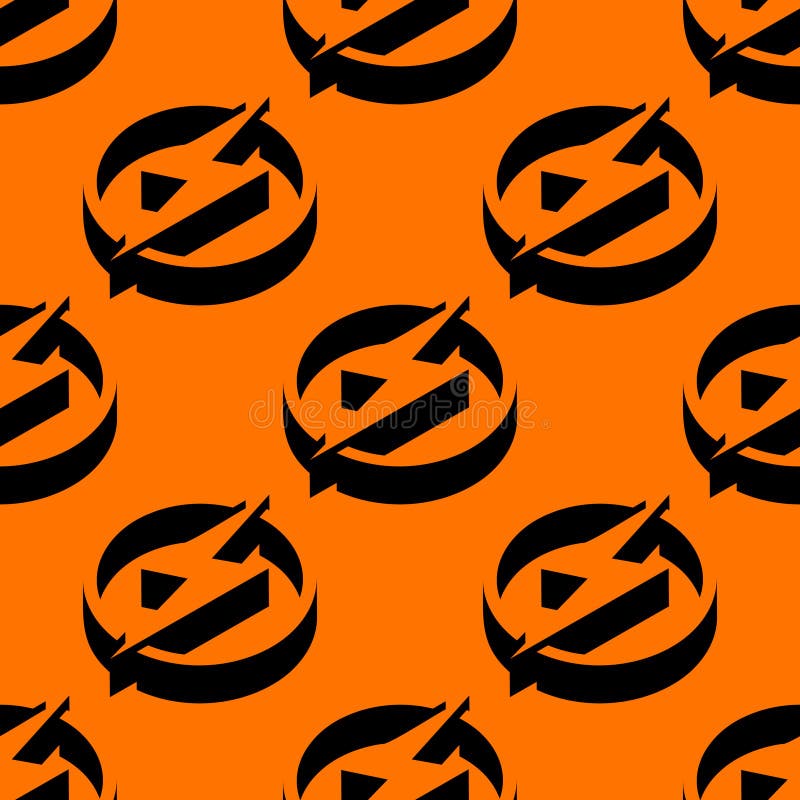 Isometric seamless vector pattern of lightning bolt signs with dynamic shadows and circular shapes on a vivid orange background. stock illustration