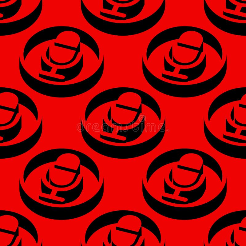 Isometric seamless vector pattern of microphone symbols in circles, with bold shadows and vibrant red background. Modern negative stock illustration