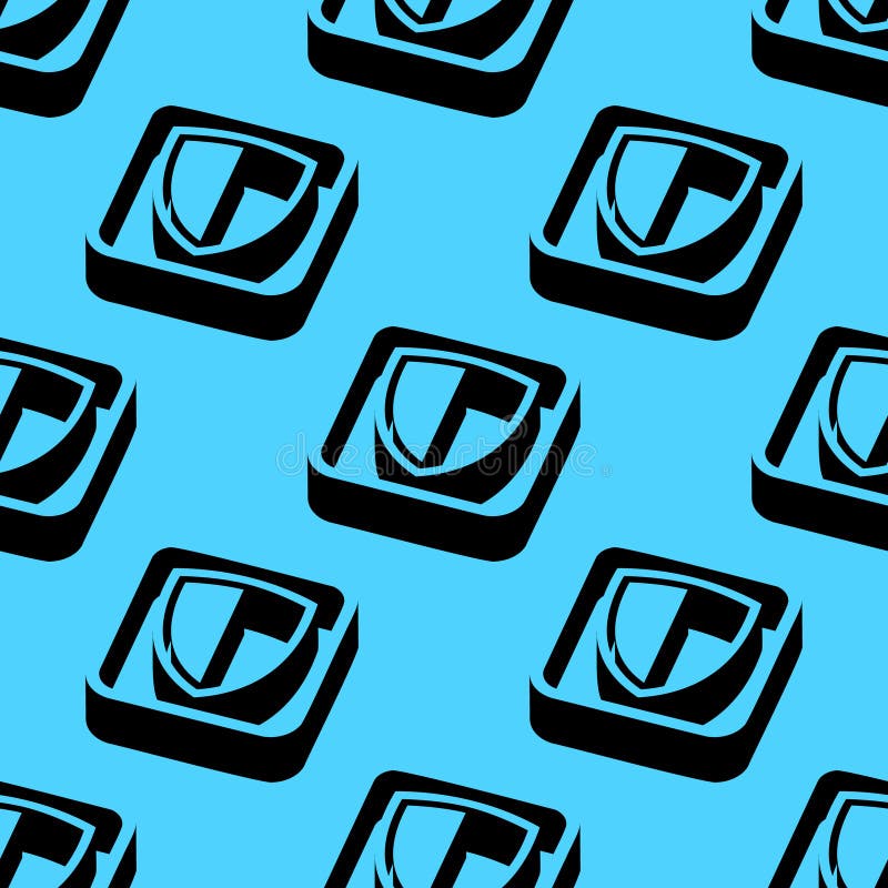 Isometric seamless vector pattern of shield symbols in 3D square tiles, with deep shadows and bright cyan background. A strong stock illustration