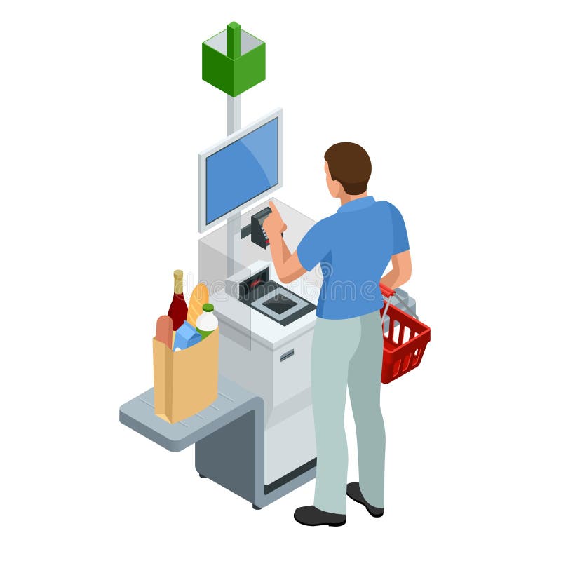 Isometric self-service cashier or terminal. Young man paying at the self-service counter using the touchscreen display