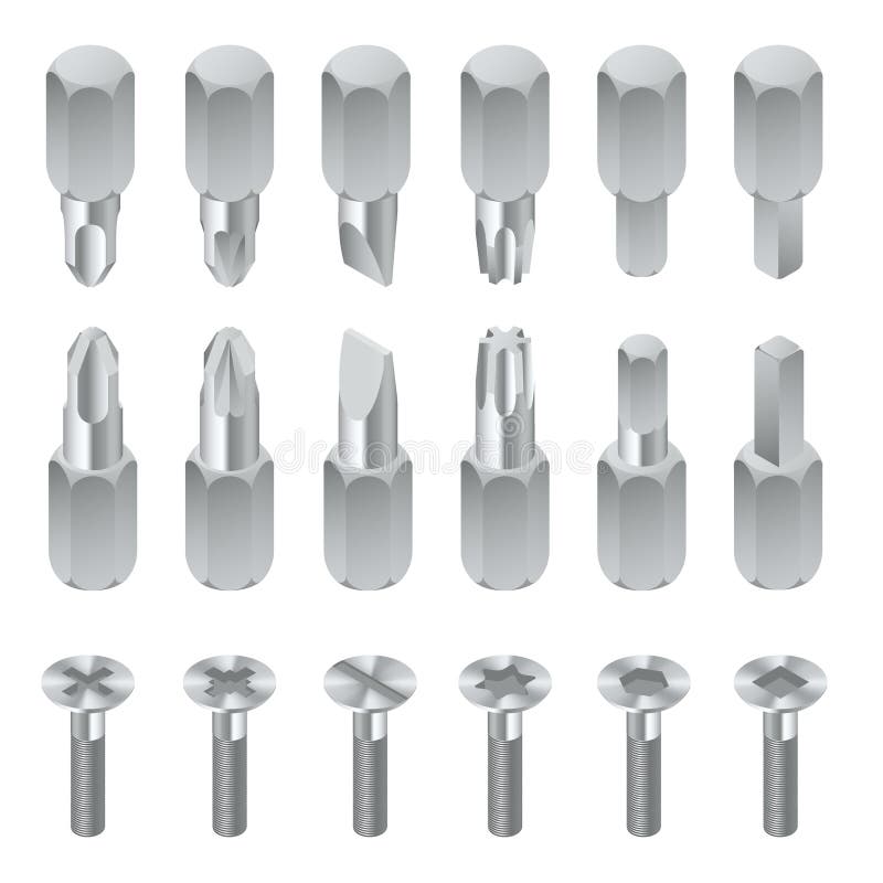 Isometric set of bits for screwdriver isolated on white background. . Metal bits for screwdriver. Hand tools for repair