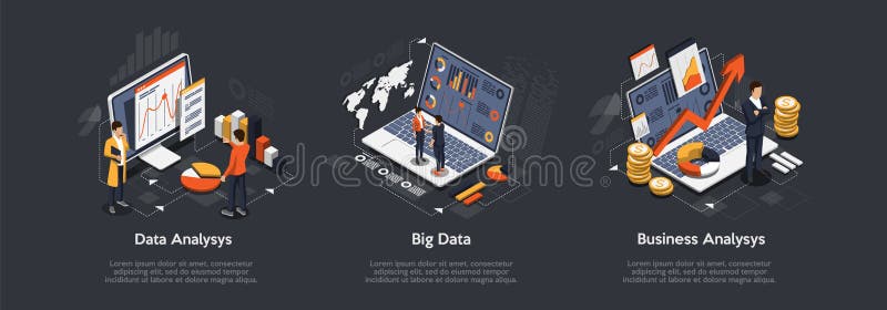 Isometric set of Data analysis, Big Data, Business analysis. stock illustration