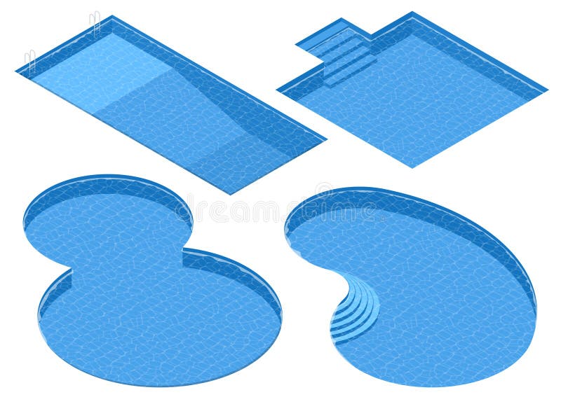 Isometric Set Different Forms Swimming Pools. Rectangular, Square, Double Round, Oval Pool. vector illustration