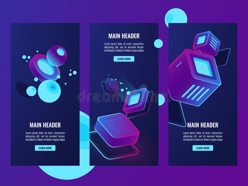 Isometric set of futuristic banners, digital data concept, vector server room web hosting, data processing vector illustration