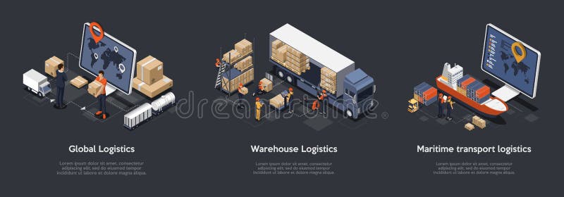 Isometric Set Of Global Logistics, Warehouse Logistics, Maritime Transport Logistics. On Time Delivery Designed To Sort