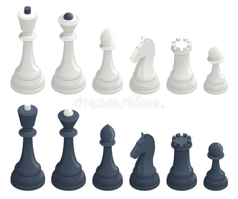 Isometric set of standard chess pieces. Chess icons. Board game. A chess piece, or chessman, is any of the six different