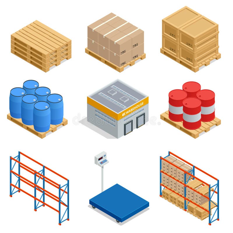 Isometric set of Storage equipment isometric icons. Shipping vector icons with boxes, container and warehouse shelves