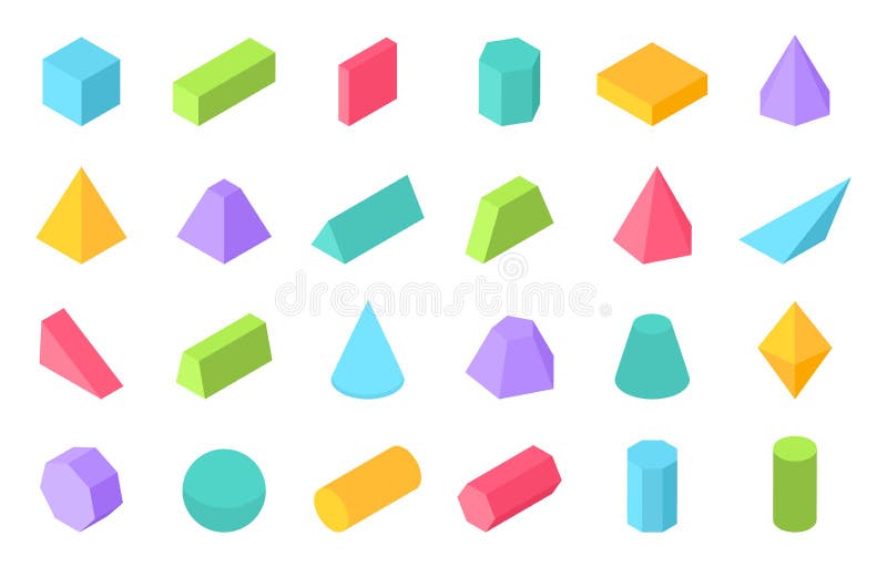 Isometric shapes. 3D geometric form, flat geometry polygon objects such as prism pyramid cylinder sphere. Vector stock illustration