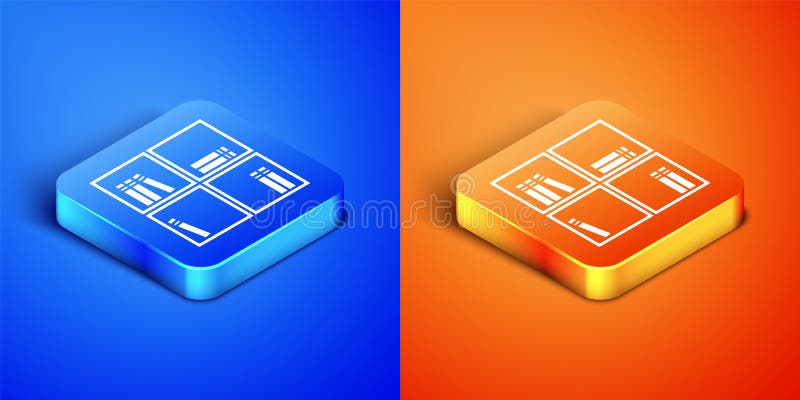 Isometric Shelf with books icon isolated on blue and orange background. Shelves sign. Square button. Vector royalty free illustration