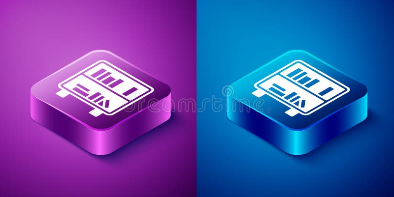 Isometric Shelf with books icon isolated on blue and purple background. Shelves sign. Square button. Vector vector illustration