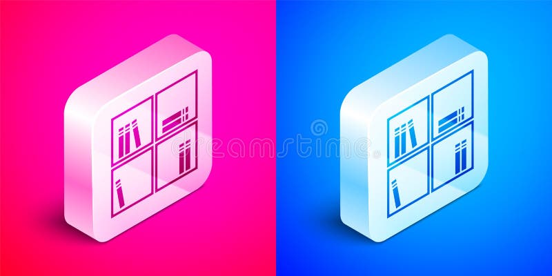 Isometric Shelf with books icon isolated on pink and blue background. Shelves sign. Silver square button. Vector royalty free illustration