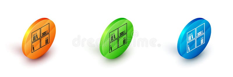 Isometric Shelf with books icon isolated on white background. Shelves sign. Circle button. Vector vector illustration