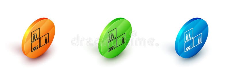 Isometric Shelf with books icon isolated on white background. Shelves sign. Circle button. Vector vector illustration