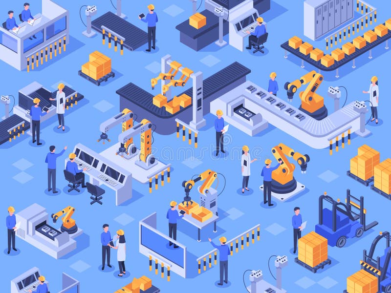 Isometric smart industrial factory. Automated production line, automation industry and factories engineer workers vector stock illustration