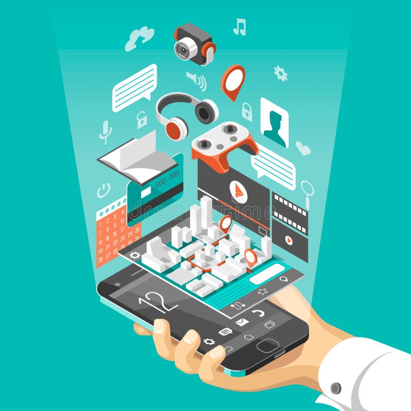 Isometric smart phone interface. Screen with different apps and icons. Map on mobile application royalty free illustration