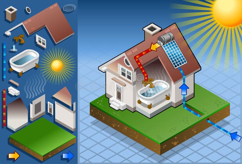 Isometric solar panel in production of hot water royalty free illustration