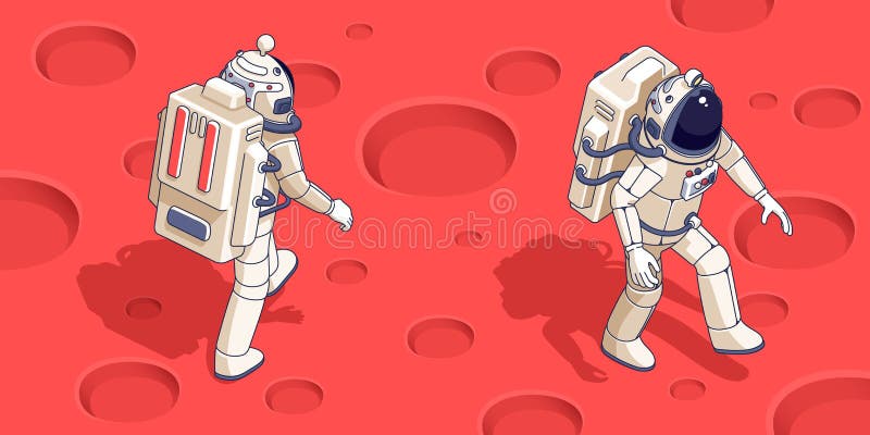 Isometric Spaceman in spacesuit on planet surface royalty free illustration