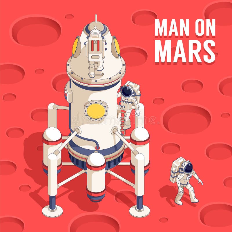 Isometric Spaceship landing module with spaceman in space suit on mars surface vector illustration