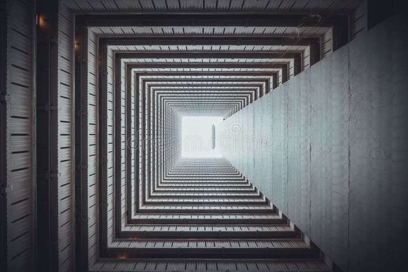 Isometric square bottom view from inside building. Architecture art, design abstract background, or construction industry concept stock photos