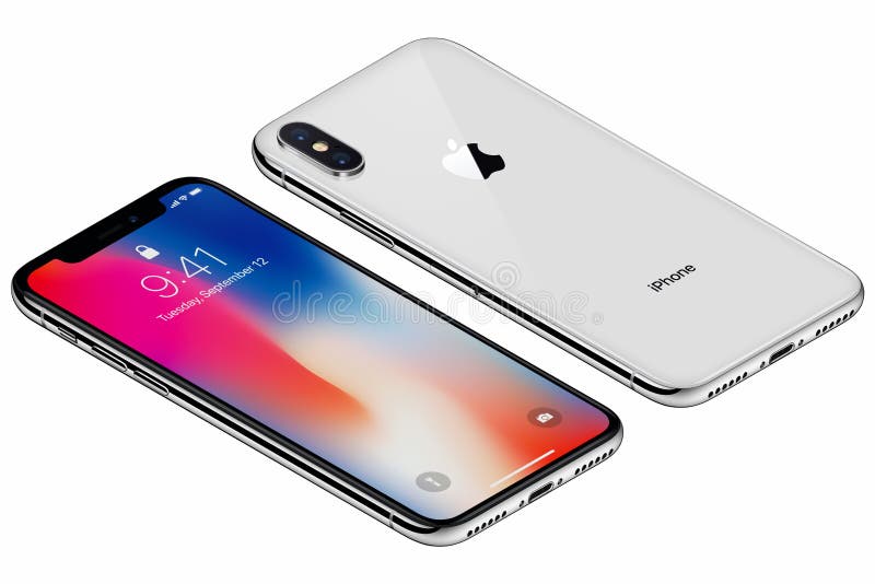Isometric Srebny Jabłczany X iPhone frontowa strona z iOS 11 lockscreen i tylna strona odizolowywająca na białym tle obrazy stock