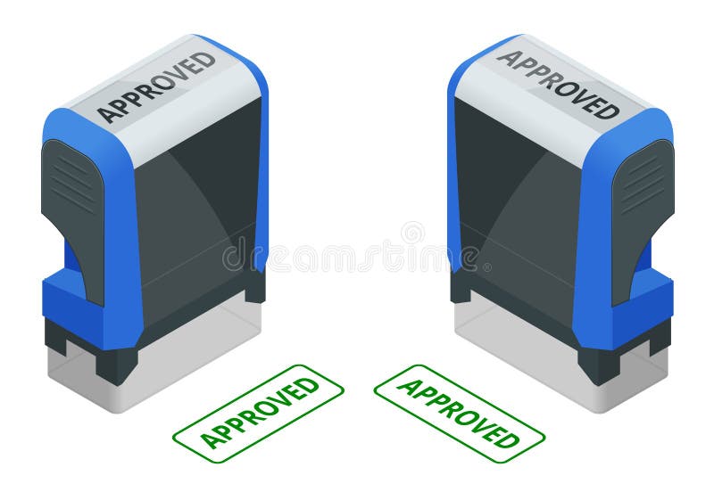 Isometric Stamp Approved Set. Approved Green Ink Stamp Isolated on