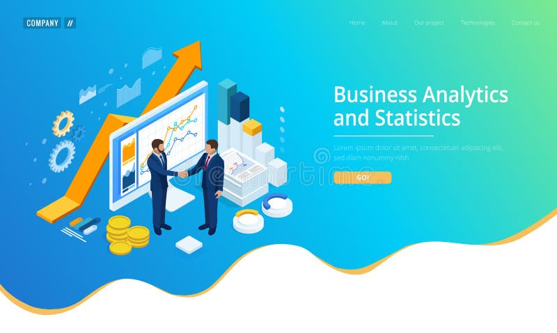 Isometric Successful business collaboration. Businessmen shaking hands. B2B. Data and key performance indicators for vector illustration Isometric Successful business collaboration. Businessmen shaking hands. B2B. Data and key performance indicators for vector illustration