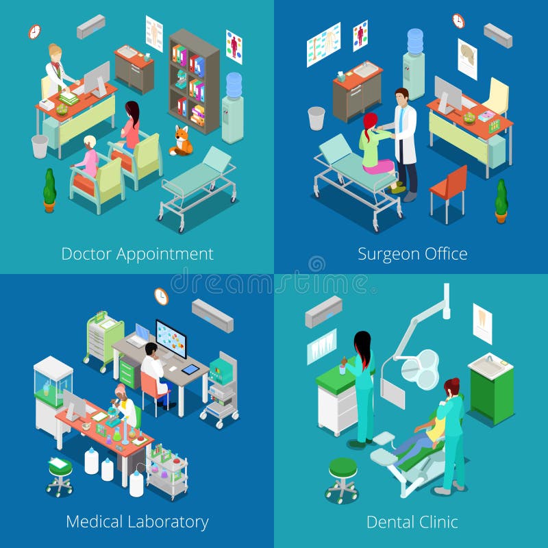 Isometric Szpitalny wnętrze Doktorski spotkanie, Medyczny laboratorium, Stomatologiczna klinika, chirurga biuro ilustracja wektor