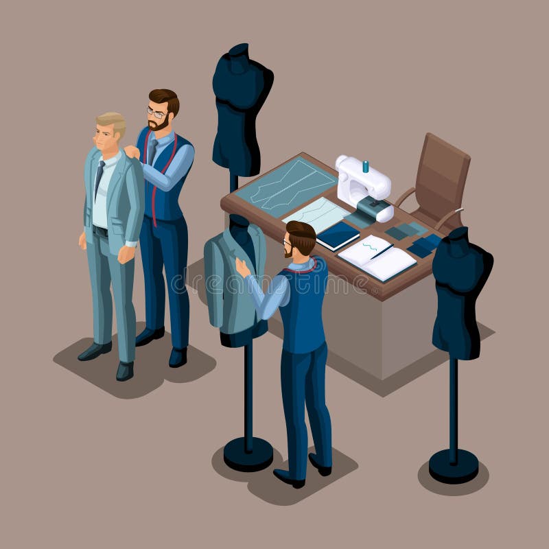 Isometric tailor, the creation of quality clothing to order, a workshop, an atelier. Tailoring. The entrepreneur working for himse royalty free illustration Isometric tailor, the creation of quality clothing to order, a workshop, an atelier. Tailoring. The entrepreneur working for himse royalty free illustration
