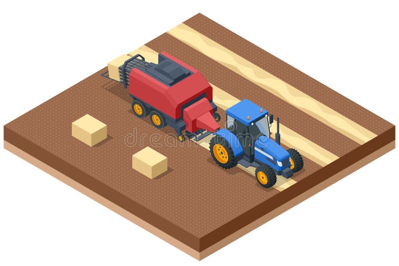 Isometric Tractors Mowing, Raking, Baling Hay. Hay stacks after harvesting grain crops. Tractor with yellow big square