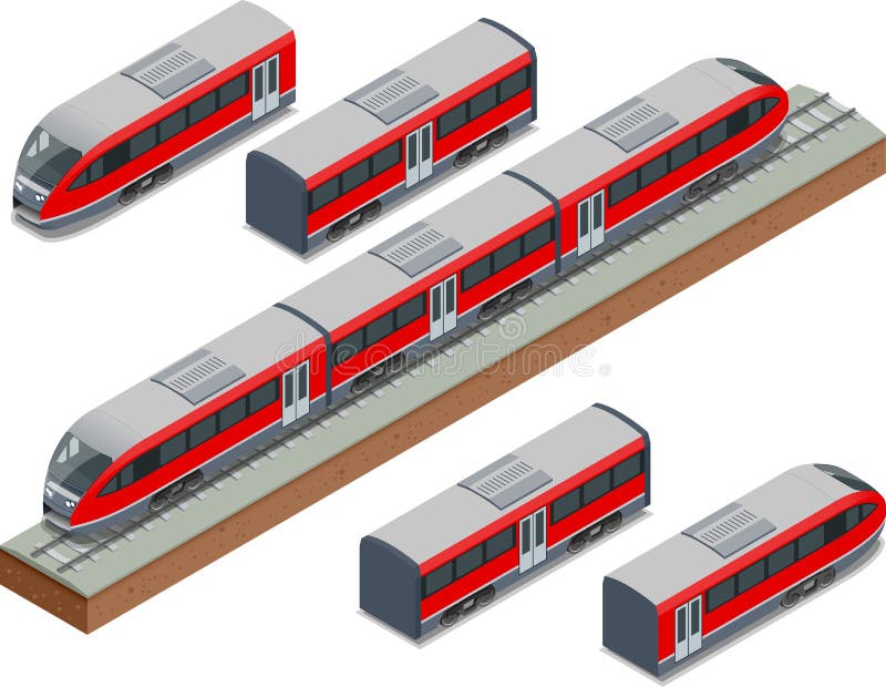 Isometric train tracks and modern high speed train Vector isometric illustration of a Fast-Train. Vehicles designed to royalty free illustration