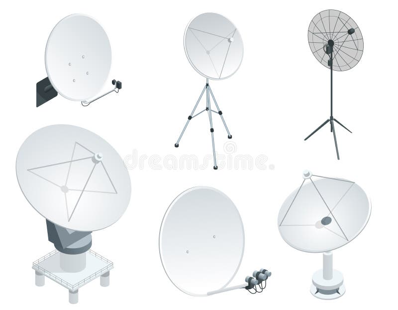 Isometric ustalone anten satelitarnych anteny na bielu Bezprzewodowi komunikacyjni equipments ilustracja wektor