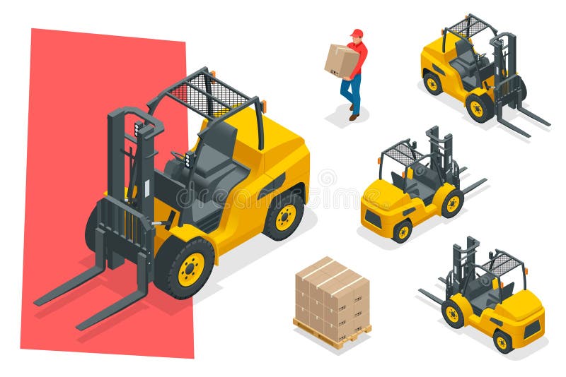 Isometric vector forklift truck isolated on white. Storage equipment icon set. Forklifts in various combinations stock illustration
