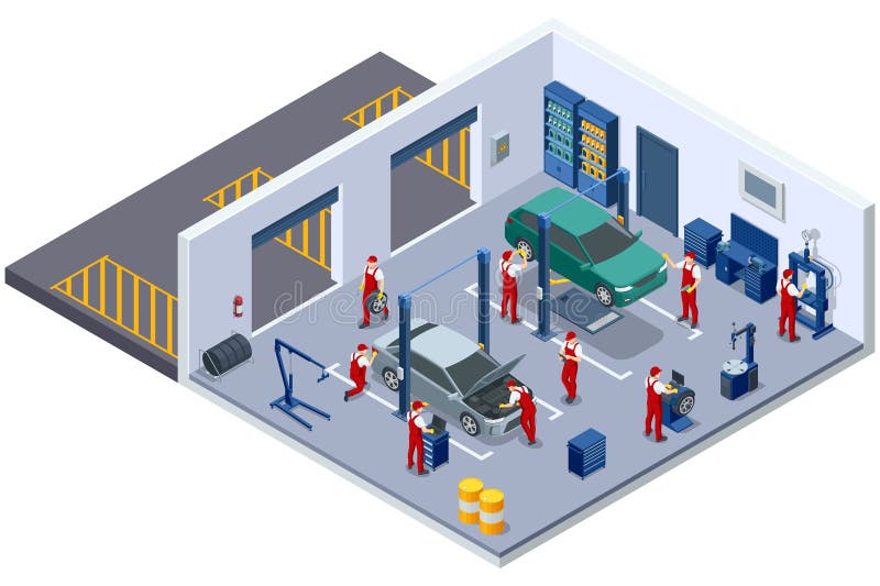 An isometric vector illustration of a car engine diagnostic test in
