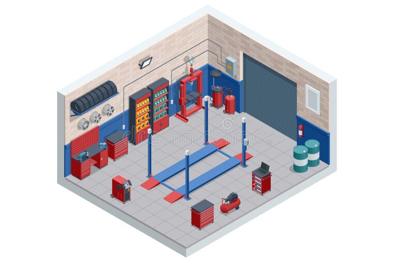 An isometric vector illustration of a car engine diagnostic test in