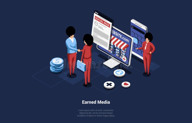 Isometric Vector Illustration Of Earned Or Owned Media Concept. 3D Composition In Cartoon Style, Internet Marketing And royalty free illustration