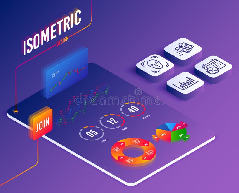 Face detection, Calendar discounts and Present delivery icons. Line graph sign. Vector