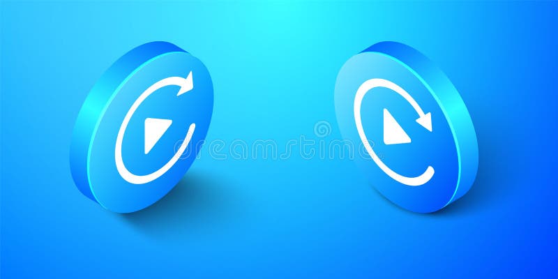 Isometric Video play button like simple replay icon isolated on blue background. Blue circle button. Vector stock illustration
