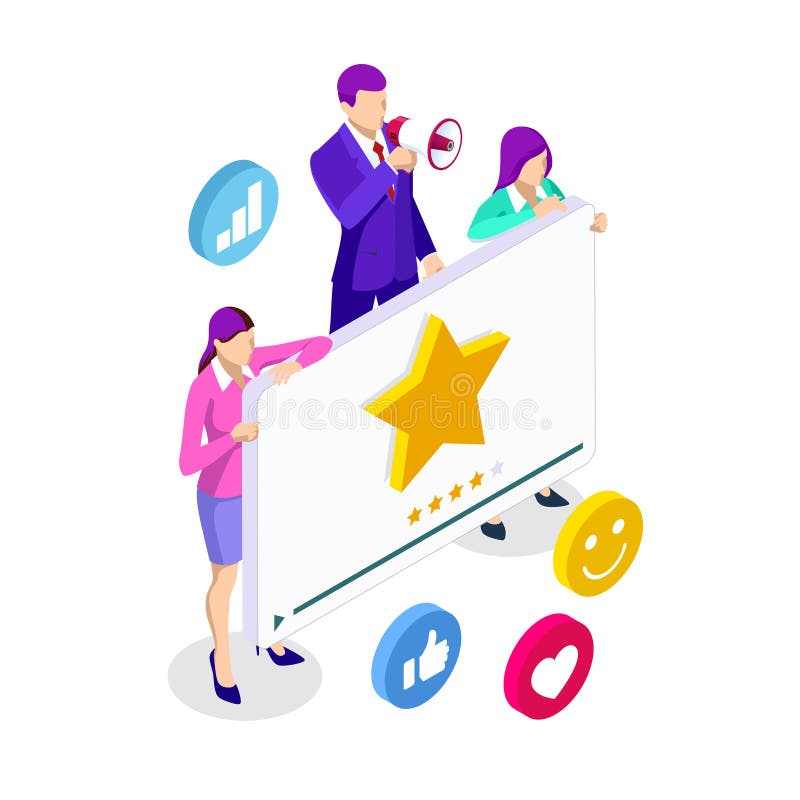 Isometric video rating, video channel promotion, marketing, business presentation, online advertising concept. stock illustration