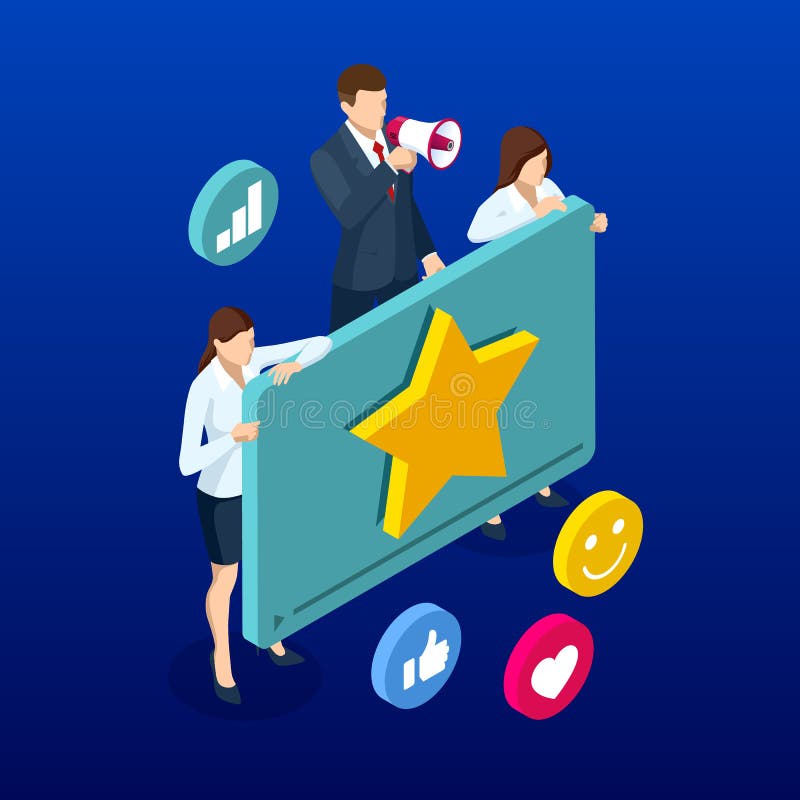 Isometric video rating, video channel promotion, marketing, business presentation, online advertising concept. stock illustration