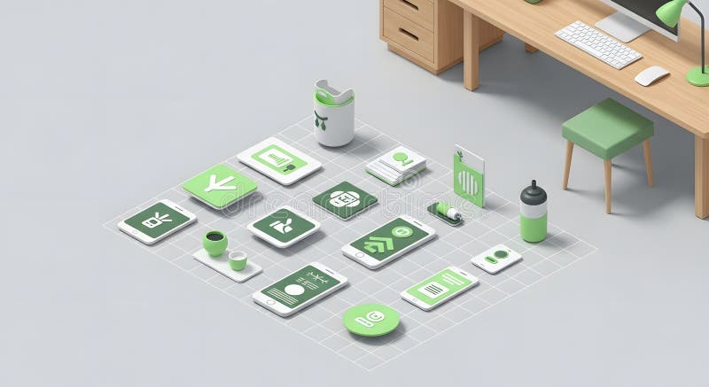 Isometric Workspace Arrangement with Digital Devices and Office Supplies stock illustration