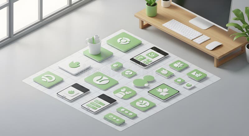 Workspace with Isometric Green App Icons, Modern Computer and Stationery royalty free illustration