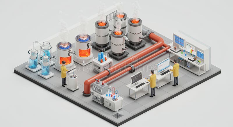 Isometric Pixel Art Laboratory with Industrial Machines and Researchers in Yellow Coats stock illustration