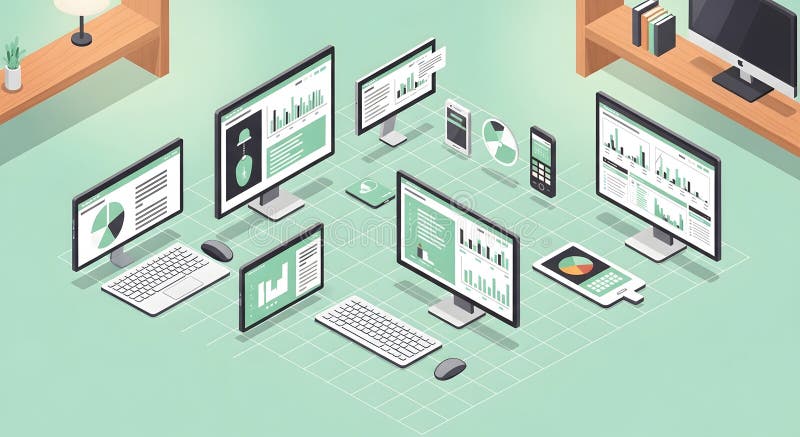 Isometric View of Multiple Computers, Smartphones, and Tablets with Data Displayed vector illustration