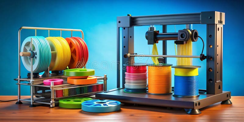 Exploring the Capabilities of 3D Printing Technology An Isometric View of a Modern 3D Printer Setup for Additive. This isometric view showcases the intricate components of a modern 3D printing system, highlighting the precision and versatility of additive manufacturing. The setup, complete with a 3D printer, filament supply, control panel, and build platform, exemplifies the evolution of this transformative technology. Notice the meticulous detail in the design, from the precise nozzle to the intricate